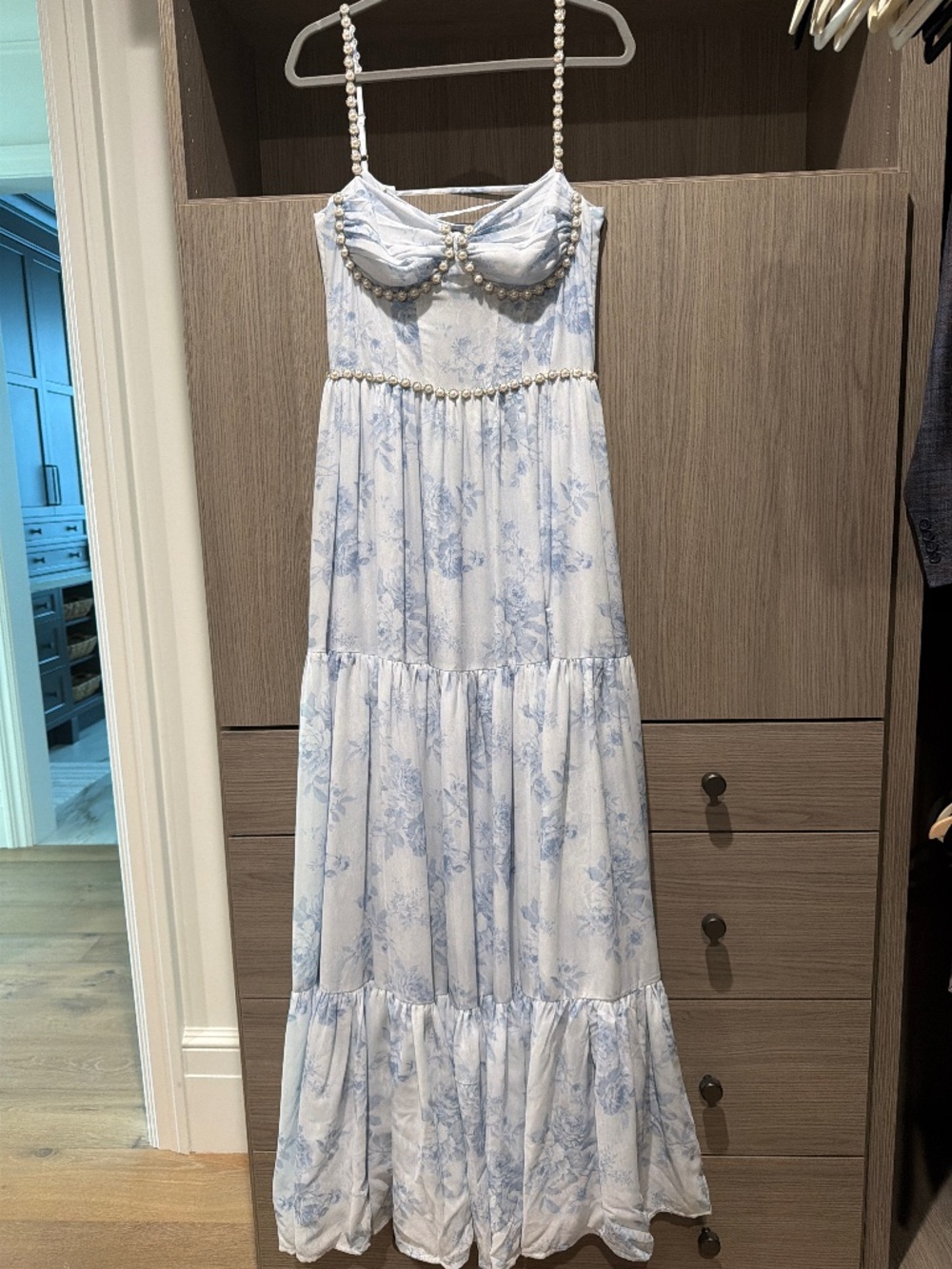 V. Chapman White and Light Blue Floral Tiered Maxi Dress with Beaded Straps